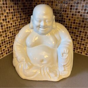 Large Vintage Laughing Buddha Coin Piggy Bank White Ceramic/Porcelain 12.5” Tall
